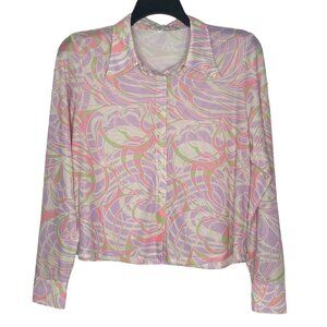 BP Womens Top Size Large Button Closure Long Sleeves Mesh Roxie Abstract Sheer